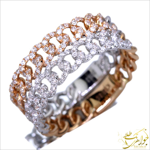انگشتر طلا و جواهر زنانه طرح کارتیه زنجیری با نگین برلیان طلای سفید و رزگلد