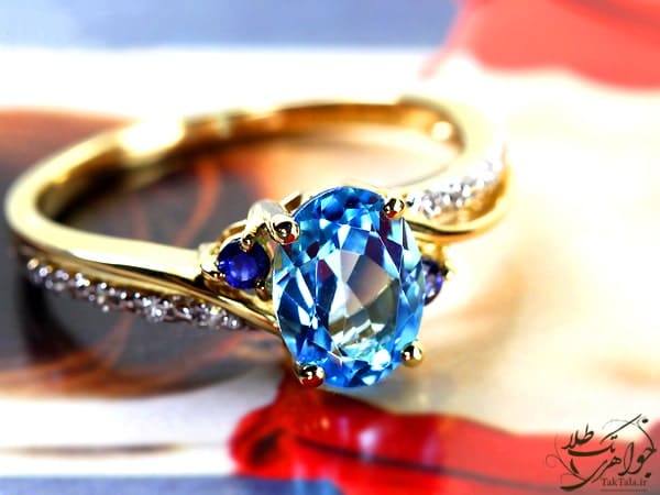 انگشتر توپاز آبی اصل زنانه طلا و جواهر