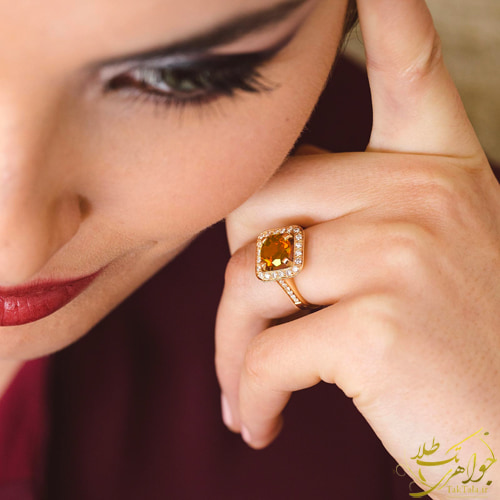 مدل انگشتر تک تاش طلا و جواهر زنانه سیترین و برلیان