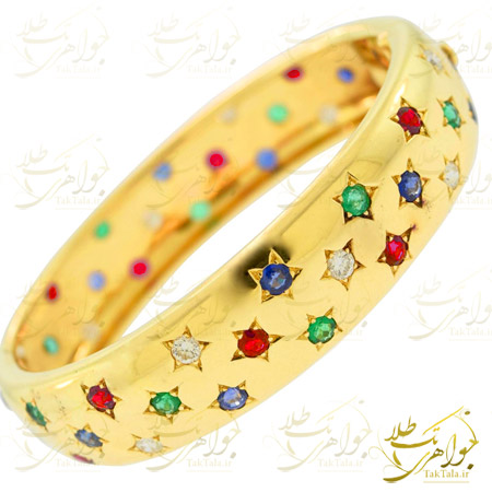 دستبند النگویی طلا و جواهر با نگین های رنگی