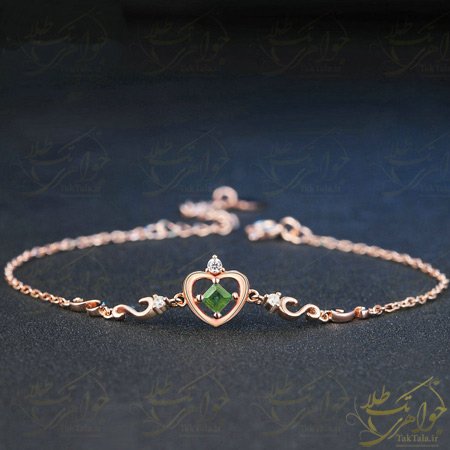 دستبند طلا و جواهر دخترانه قلب با نگین تورمالین سبز و برلیان