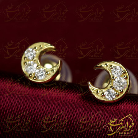 گوشواره طلا و جواهر با نگین الماس تراش برلیان طرح ماه