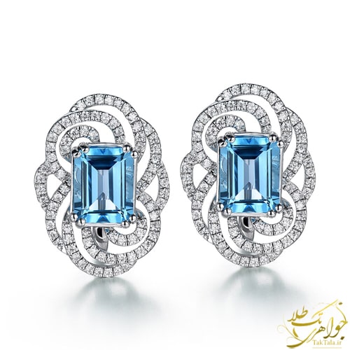 گوشواره توپاز آبی زنانه و الماس تراش برلیان