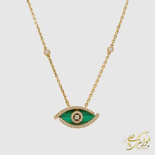 گردنبند زنانه مدل چشم طلا و سنگ مالاکیت سبز با نگین برلیان