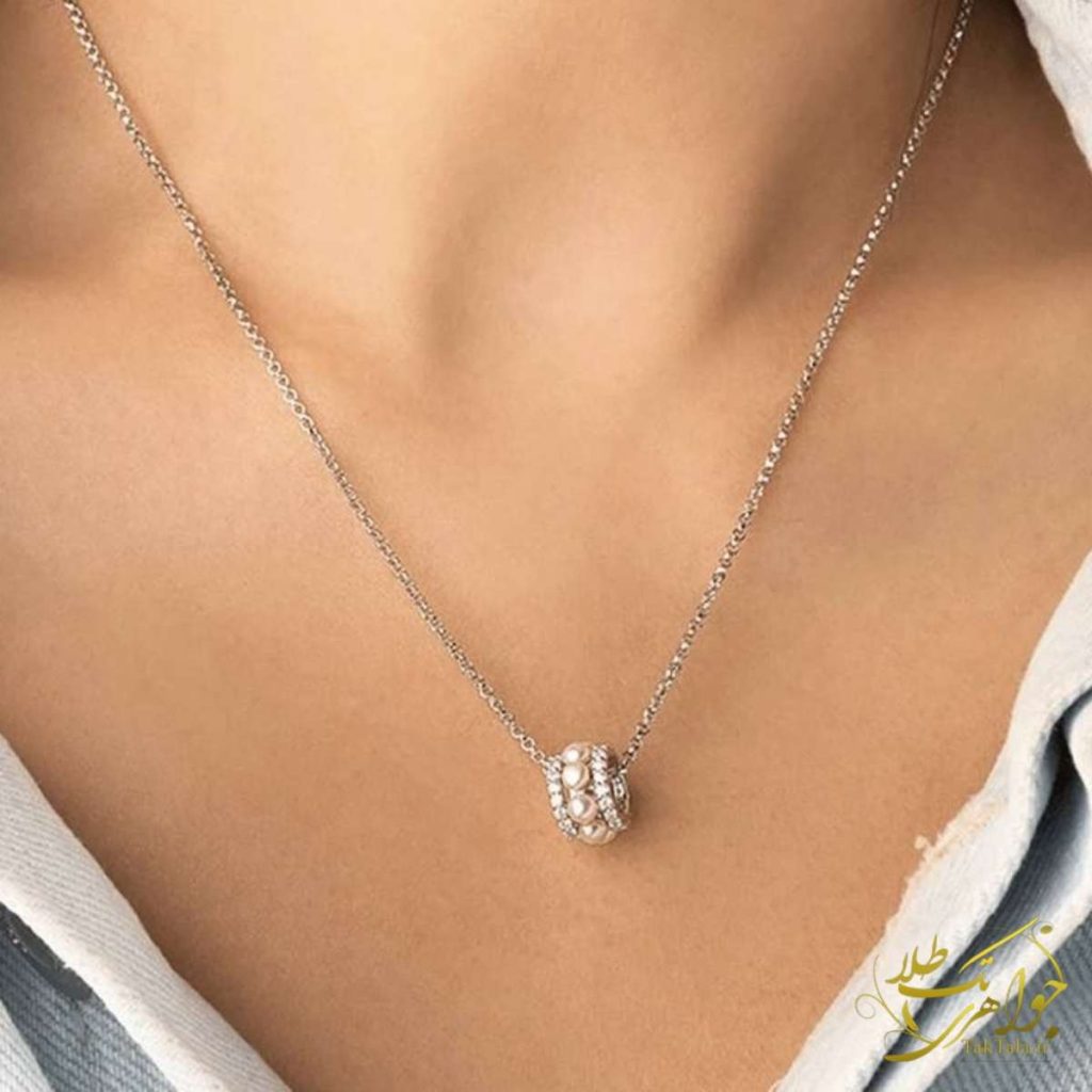 مدل گردنبند طلای دخترانه مروارید حلقه ای و نگین برلیان
