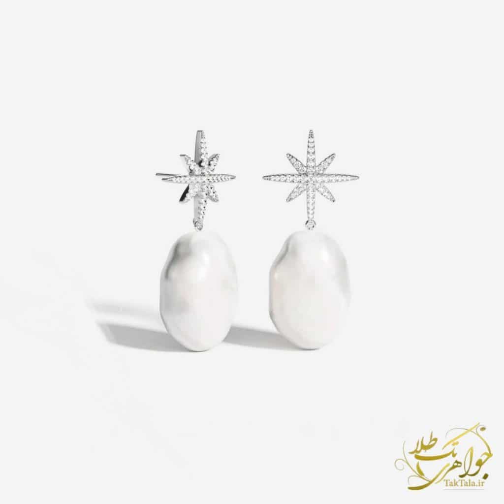 گوشواره زنانه مروارید سفید اصل و ستاره با نگین برلیان لاکچری
