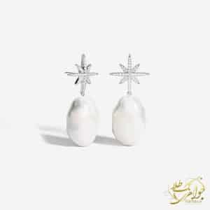 گوشواره زنانه مروارید سفید اصل و ستاره با نگین برلیان لاکچری