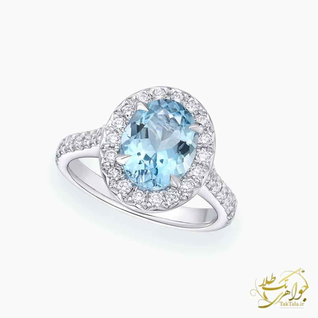 عکس انگشتر زنانه آکوامارین و برلیان طلا و حواهر