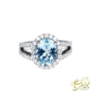 عکس انگشتر طلا زنانه با آکوامارین و الماس سفید