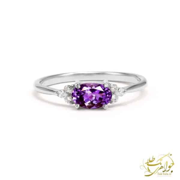 انگشتر زنانه با طراحی کلاسیک و سنگ قیمتی آمیتیست - تک طلا