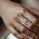 تصویر انگشتر طلای زنانه با نگین اوپال و برلیان روی دست مدل