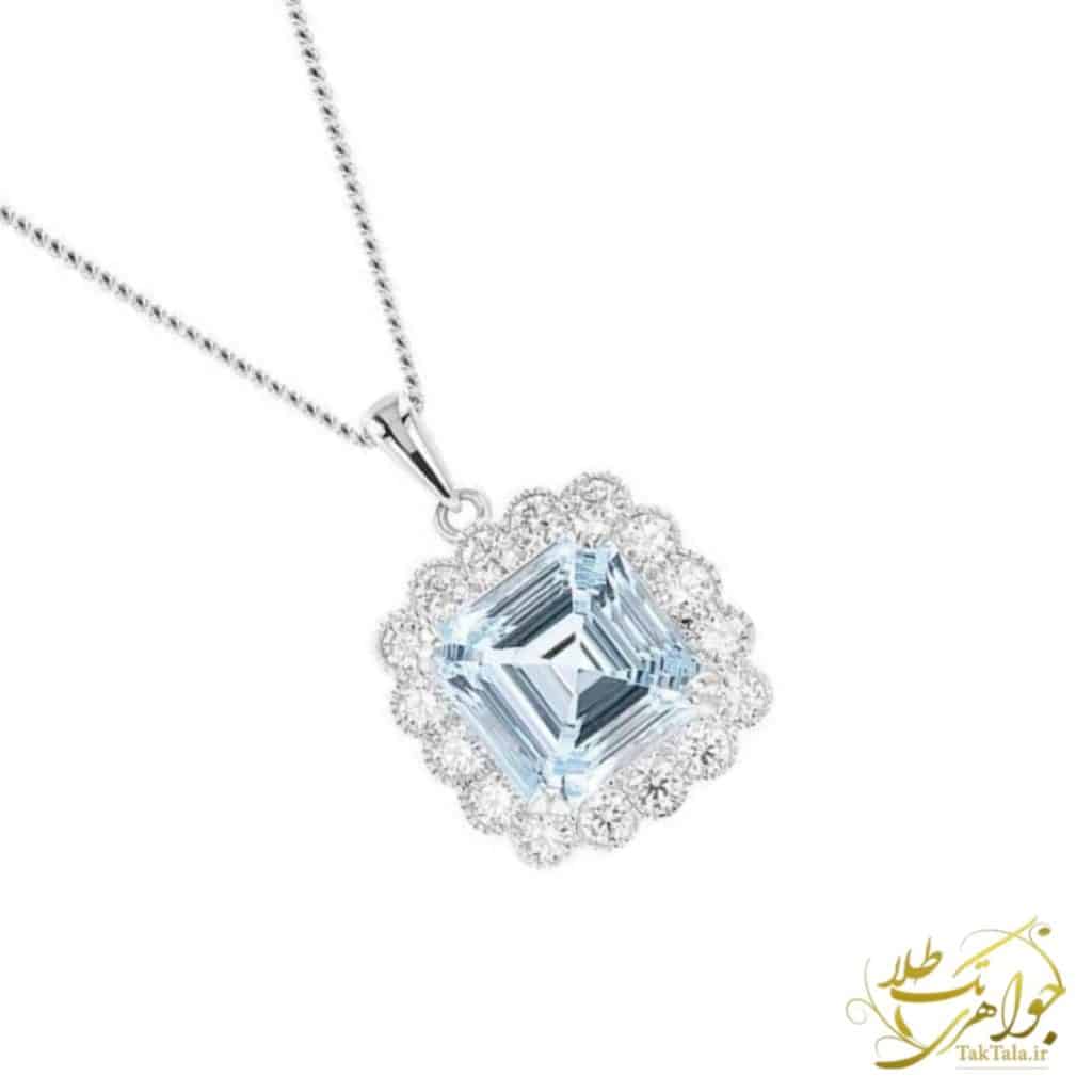 گردنبند زنانه با سنگ اکوامارین تراش مربعی و طلای سفید