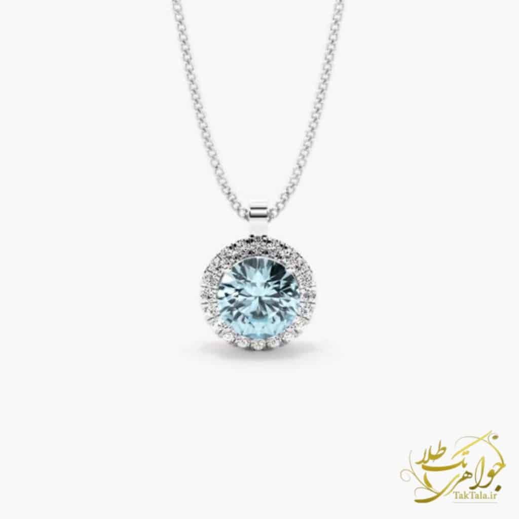 گردنبند کلاسیک زنانه با سنگ آبی اکوامارین و طلای سفید
