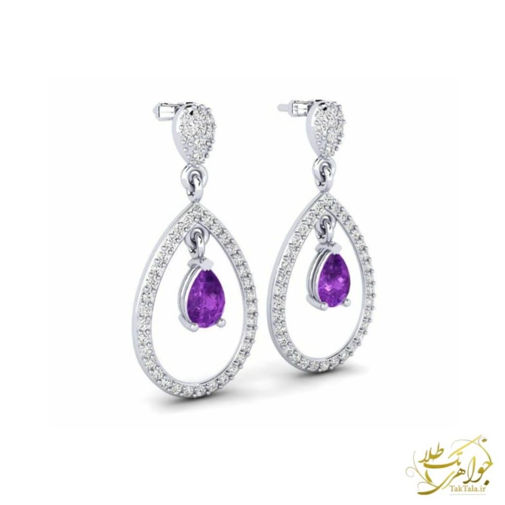 گوشواره طلا زنانه اشکی با سنگ امتیست و برلیان