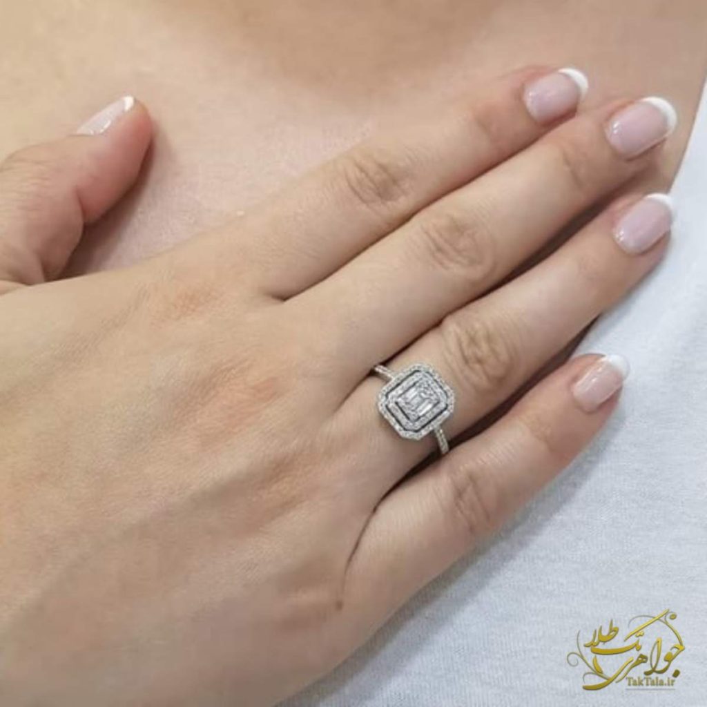 انگشتر طلا سفید زنانه با نگین باگت و برلیان