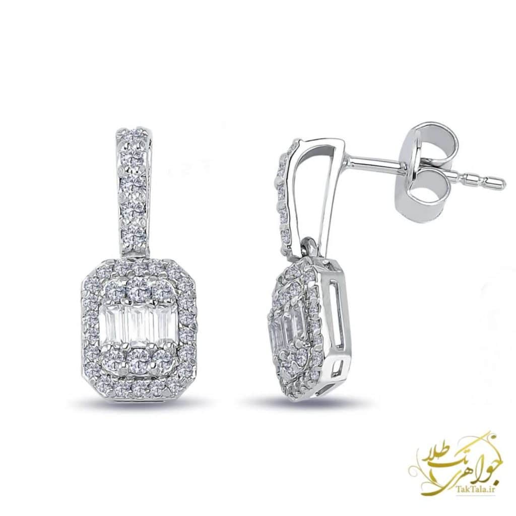 خرید گوشواره طلا سفید زنانه با نگین الماس باگت و برلیان
