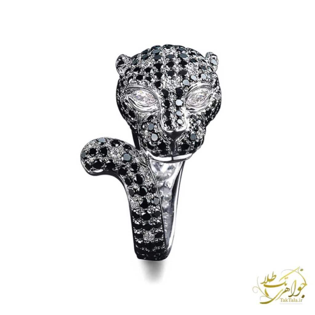 انگشتر طرح پلنگ زنانه طلا و جواهر برلیان سیاه و سفبد