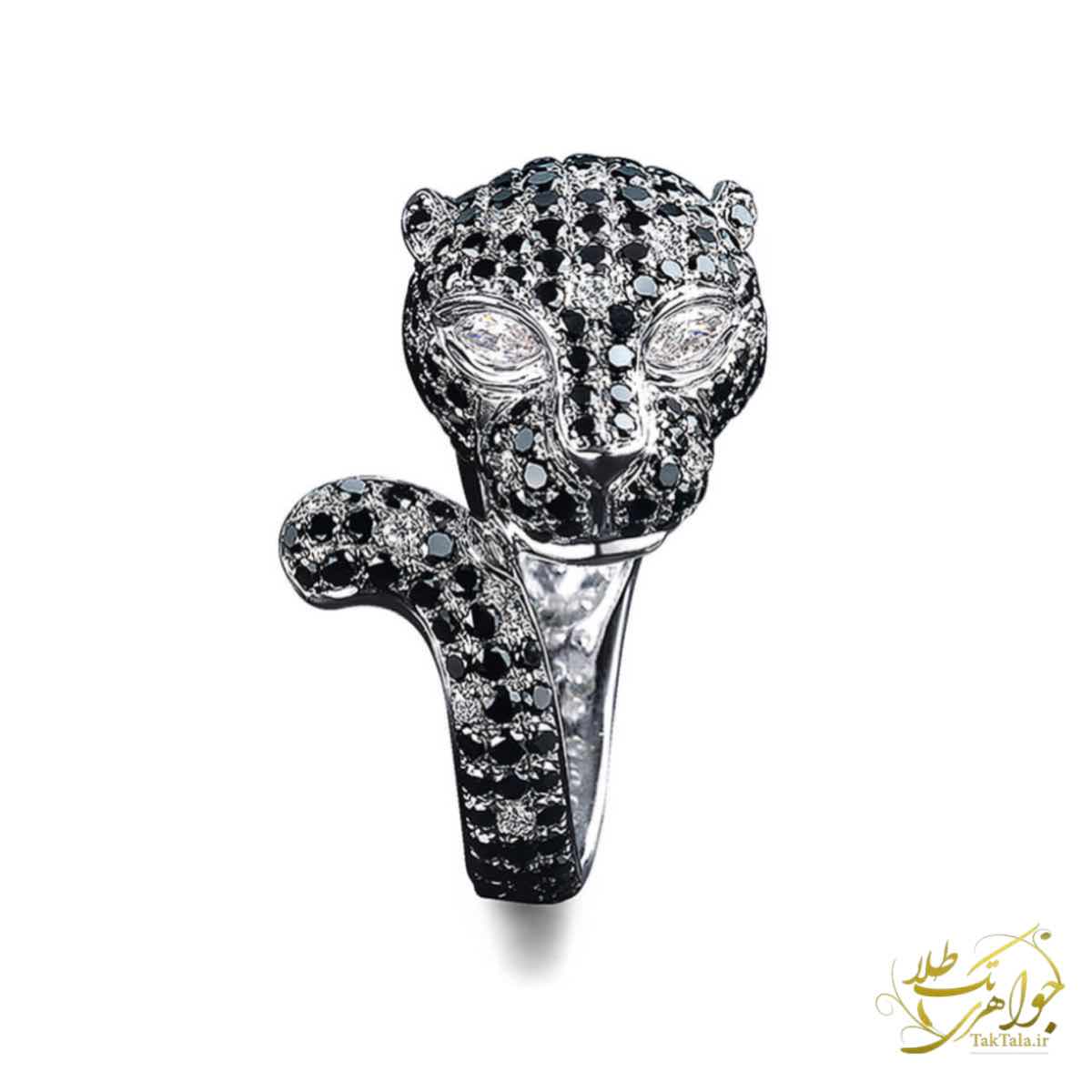 انگشتر طلای زنانه نگین برلیان سیاه و سفید طرح پلنگ تک طلا 2 انگشتر طرح پلنگ زنانه طلا و جواهر برلیان سیاه و سفبد