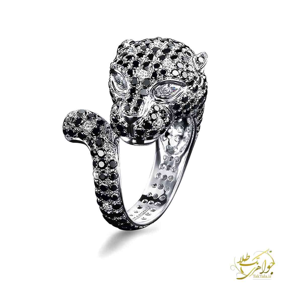 انگشتر طلای زنانه نگین برلیان سیاه و سفید طرح پلنگ تک طلا عکس انگشتر لاکچری زنانه طلا و نگین برلیان مدل پلنگ