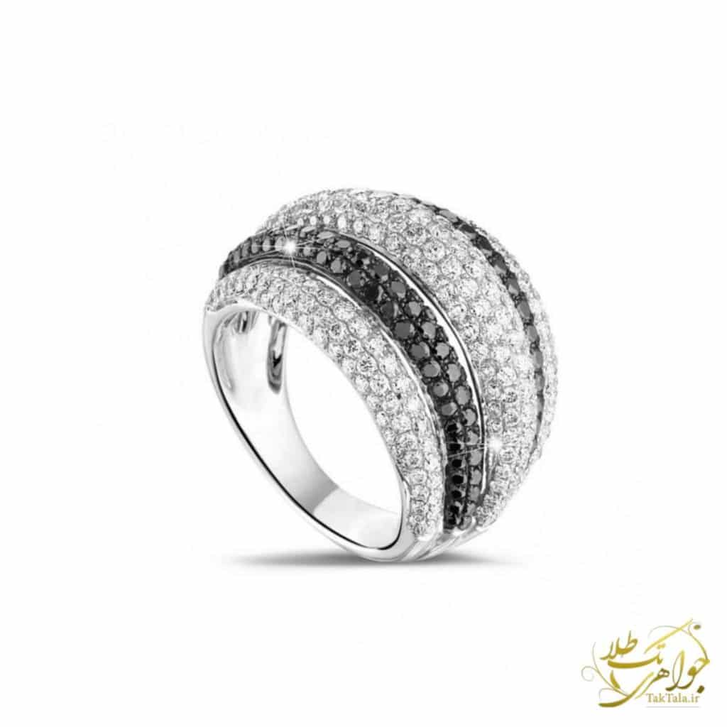 عکس انگشتر لاکچری طلای زنانه با نگین برلیان سیاه و سفید