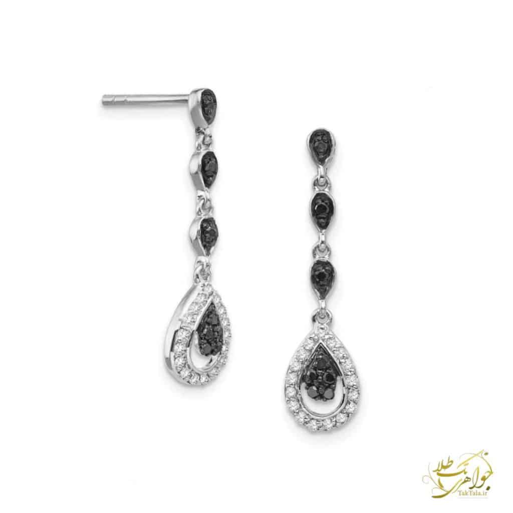 گوشواره مجلسی طلا سفید با درخشش برلیان‌های سیاه و سفید