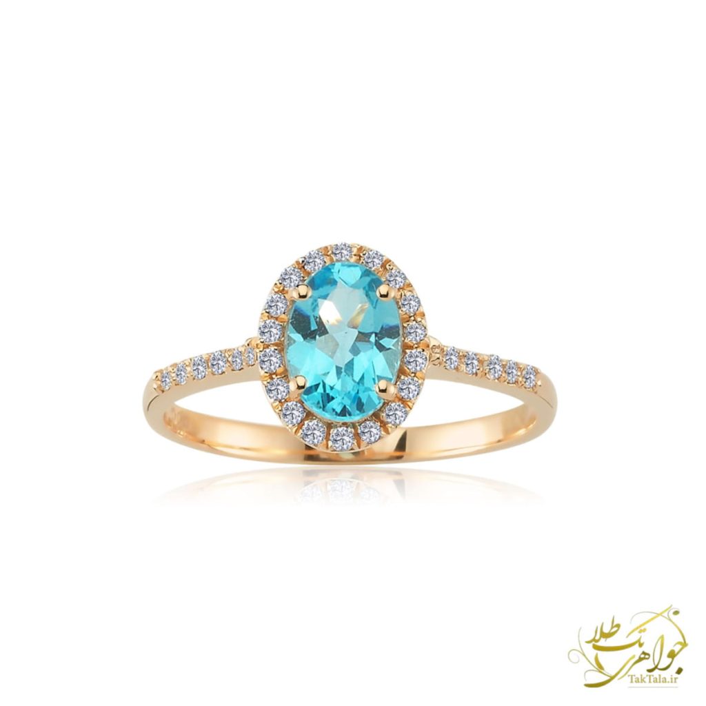 انگشتر زنانه توپاز آبی و برلیان با رکاب طلا زرد