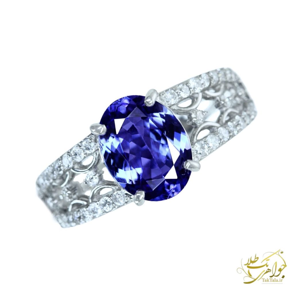 انگشتر زنانه طلا و جواهر نگین تانزانایت و برلیان سفید