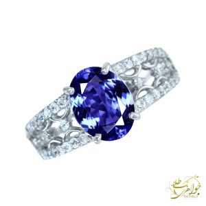 انگشتر زنانه طلا و جواهر نگین تانزانایت و برلیان سفید