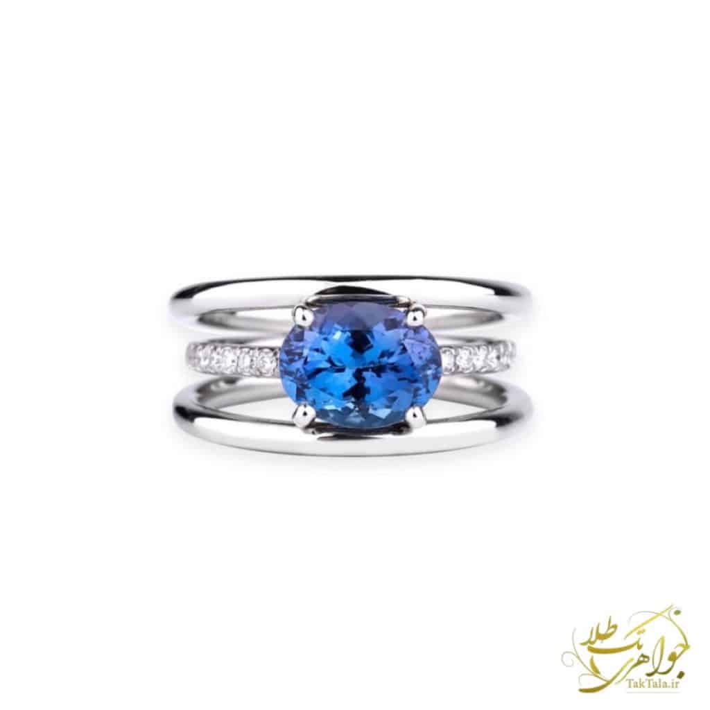 حلقه طلای سفید زنانه با نگین تانزانایت بیضی تک طلا