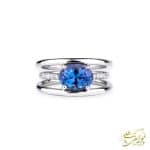 حلقه طلای سفید زنانه با نگین تانزانایت بیضی تک طلا