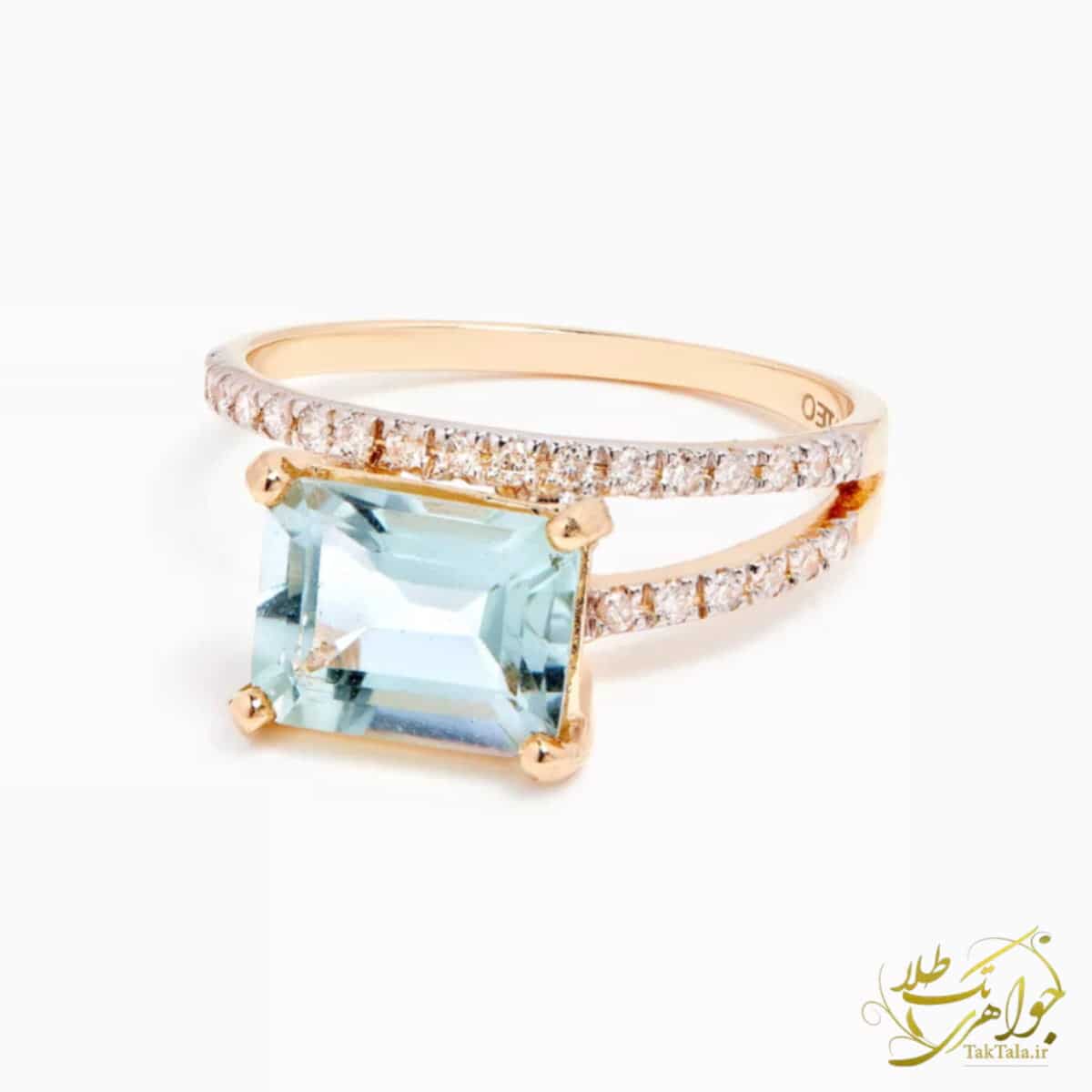 عکس انگشتر توپاز آبی و برلیان زنانه - تک طلا
