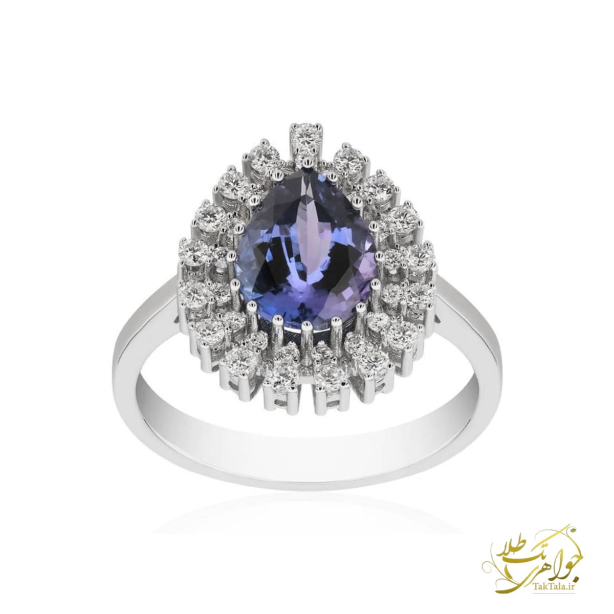 عکس انگشتر زنانه با نگین تانرانیت آبی و برلیان - تک طلا
