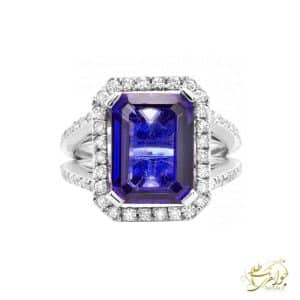 عکس انگشتر زنانه با نگین تانزانیت و برلیان - تک طلا