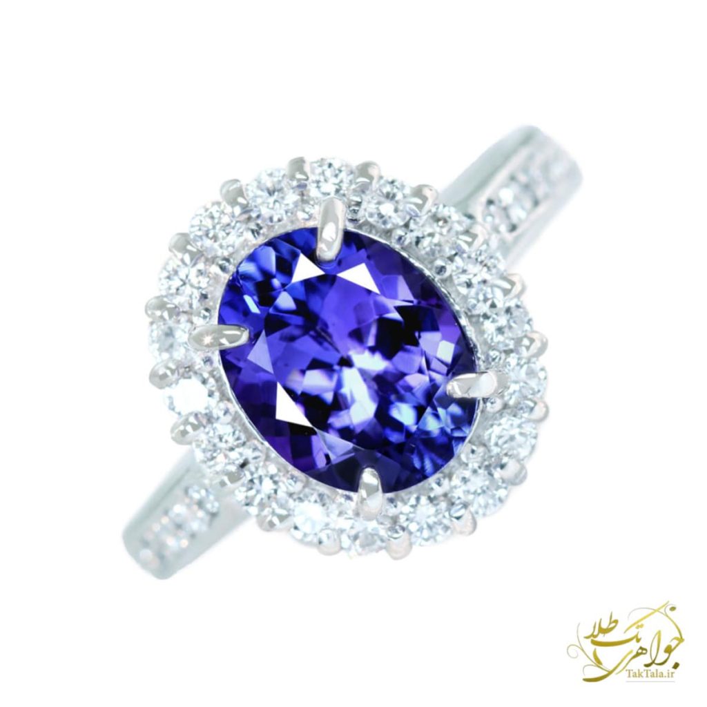 عکس انگشتر طلا زنانه با نگین تانزانایت و دوربرلیان